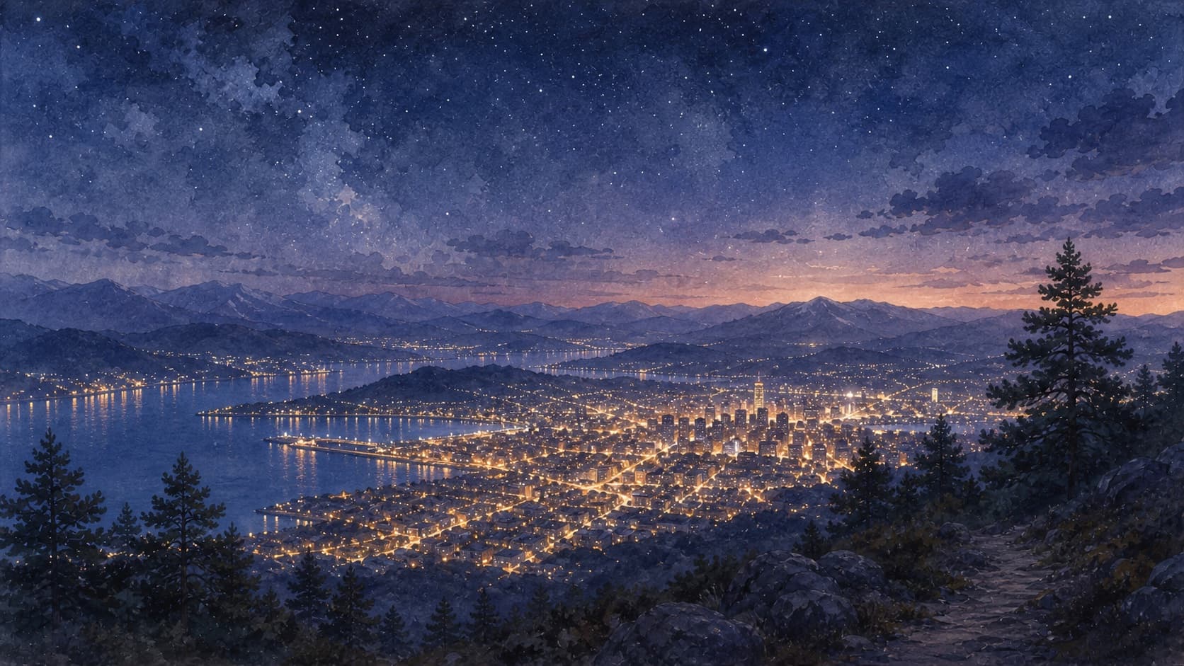 A night city seen from a hillside with small connected lights, painted in a soft watercolor style.