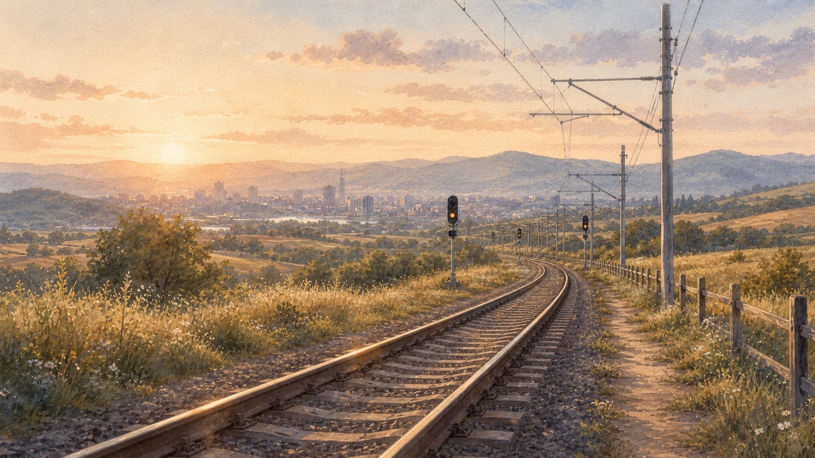 A quiet railway line crossing fields toward a distant city, painted in warm editorial watercolor.