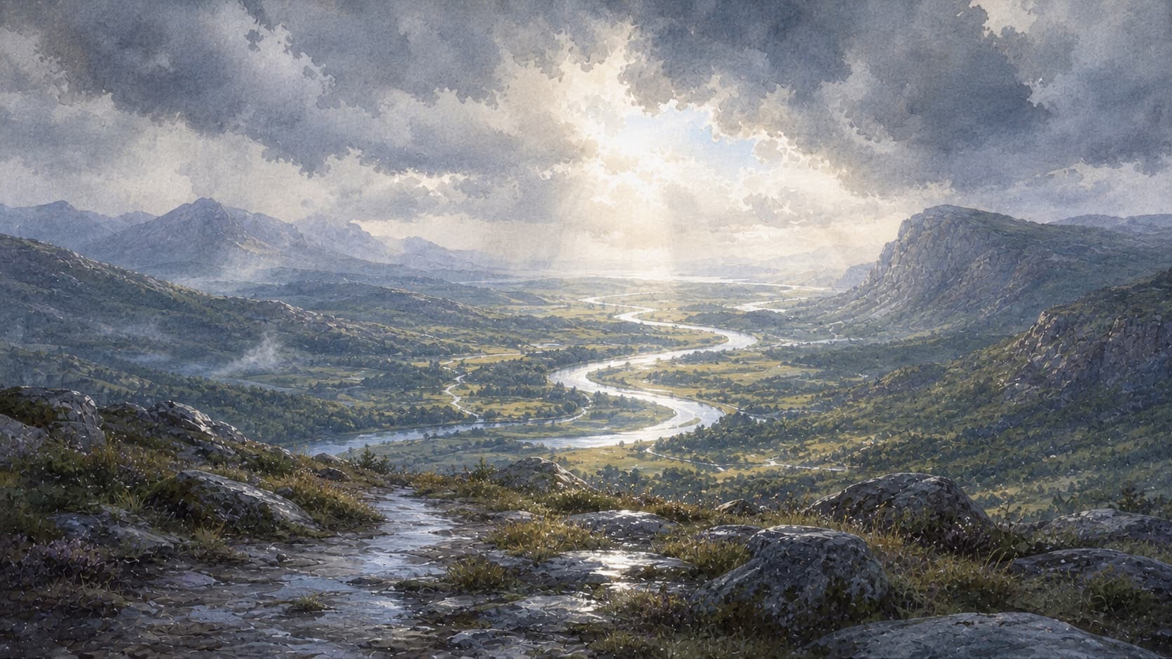 A high mountain path opening into a river valley under breaking clouds, painted in cool watercolor.