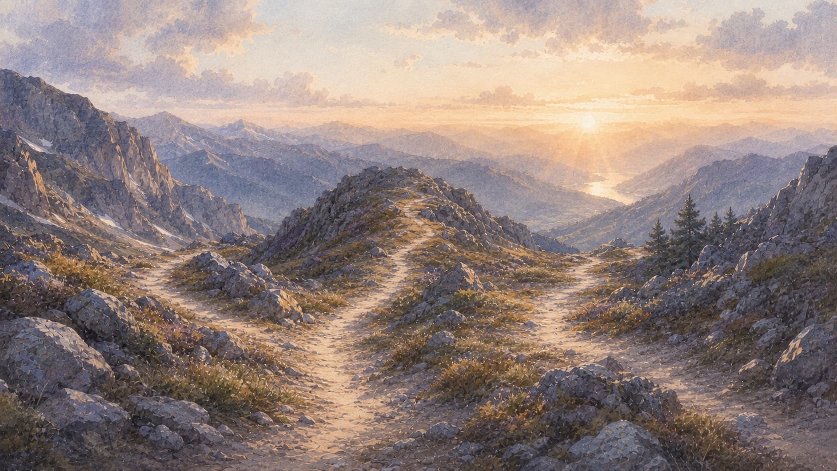 A mountain pass with branching paths and a pale sunrise, painted in a soft editorial landscape style.