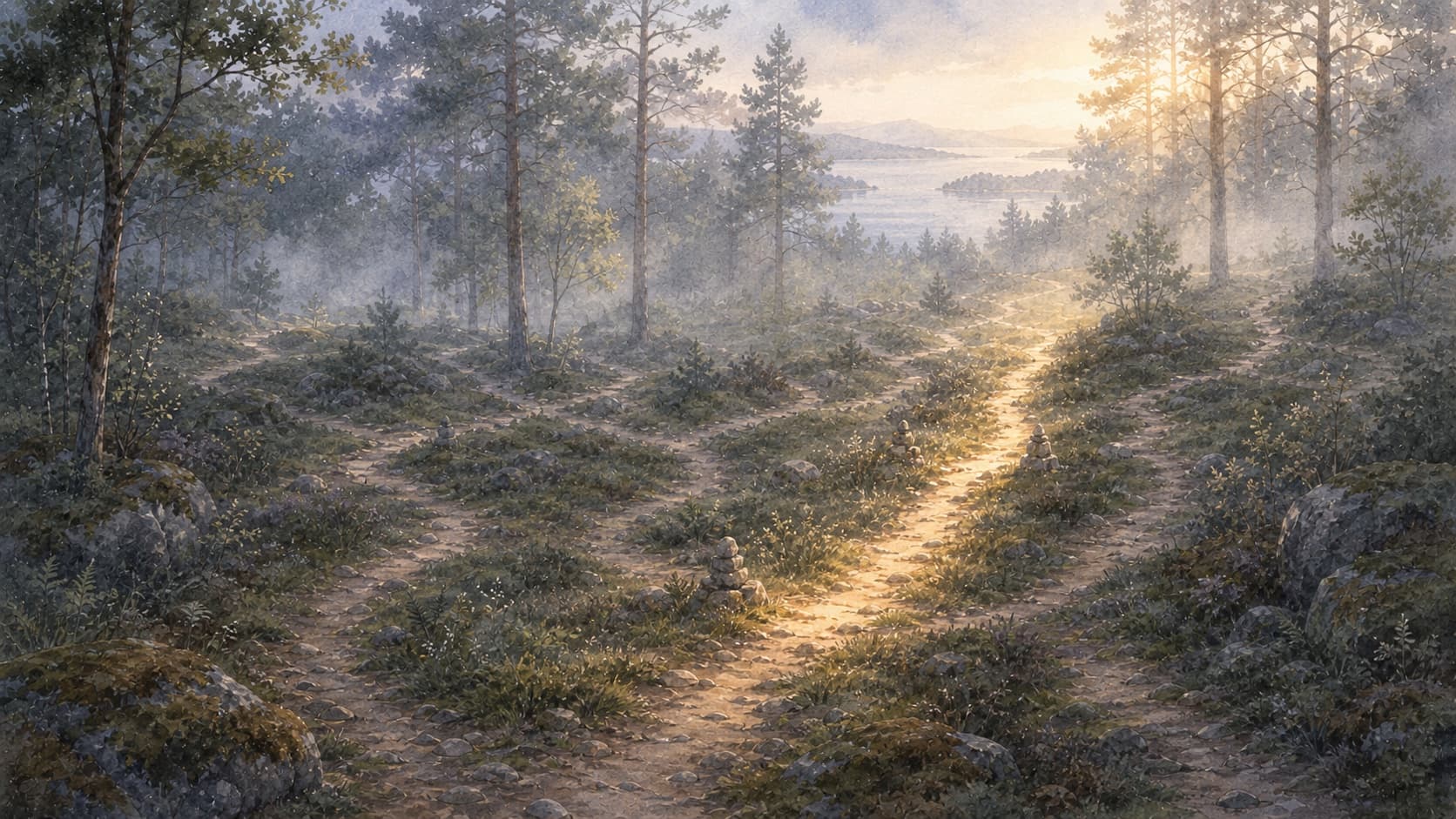 A forest path splitting around small stone markers with bright water beyond the trees, painted in watercolor.