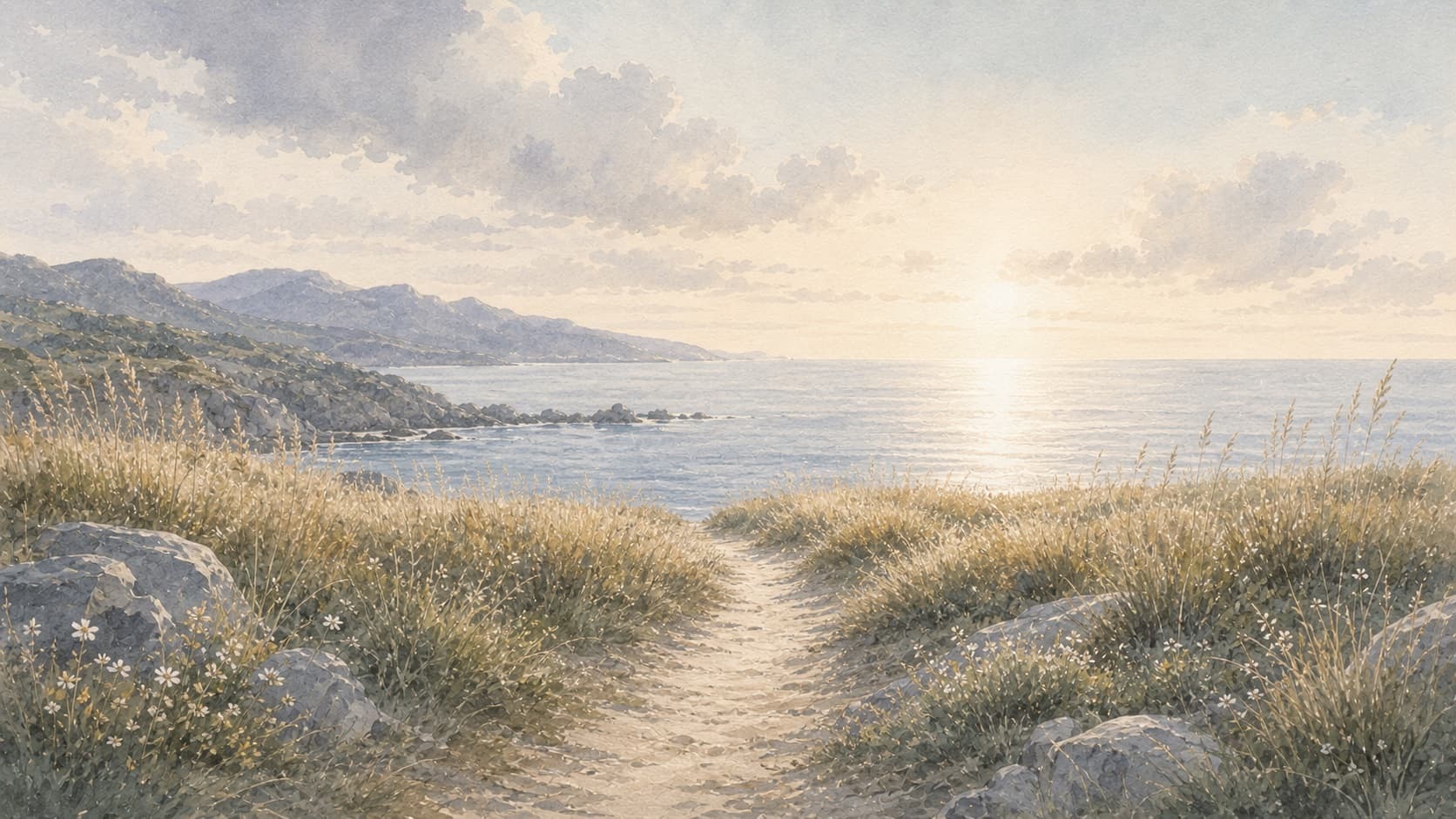 A narrow path through coastal grass toward a bright horizon, painted in muted watercolor.
