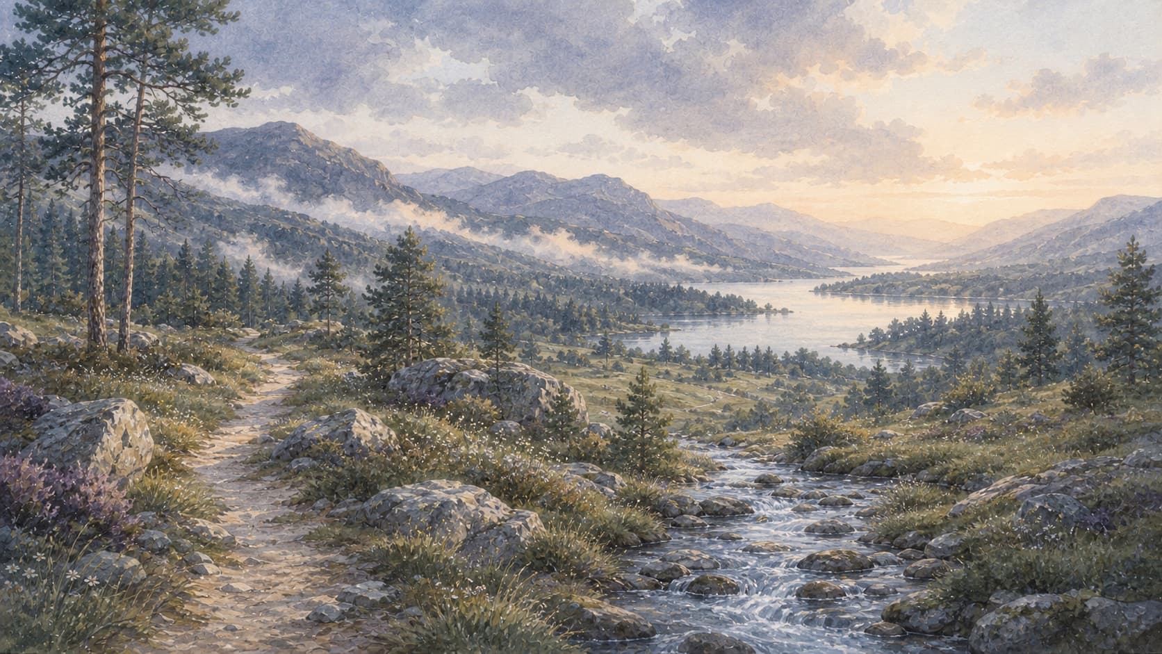 A mountain path and clear stream descending toward a wide lake valley, painted in soft watercolor.