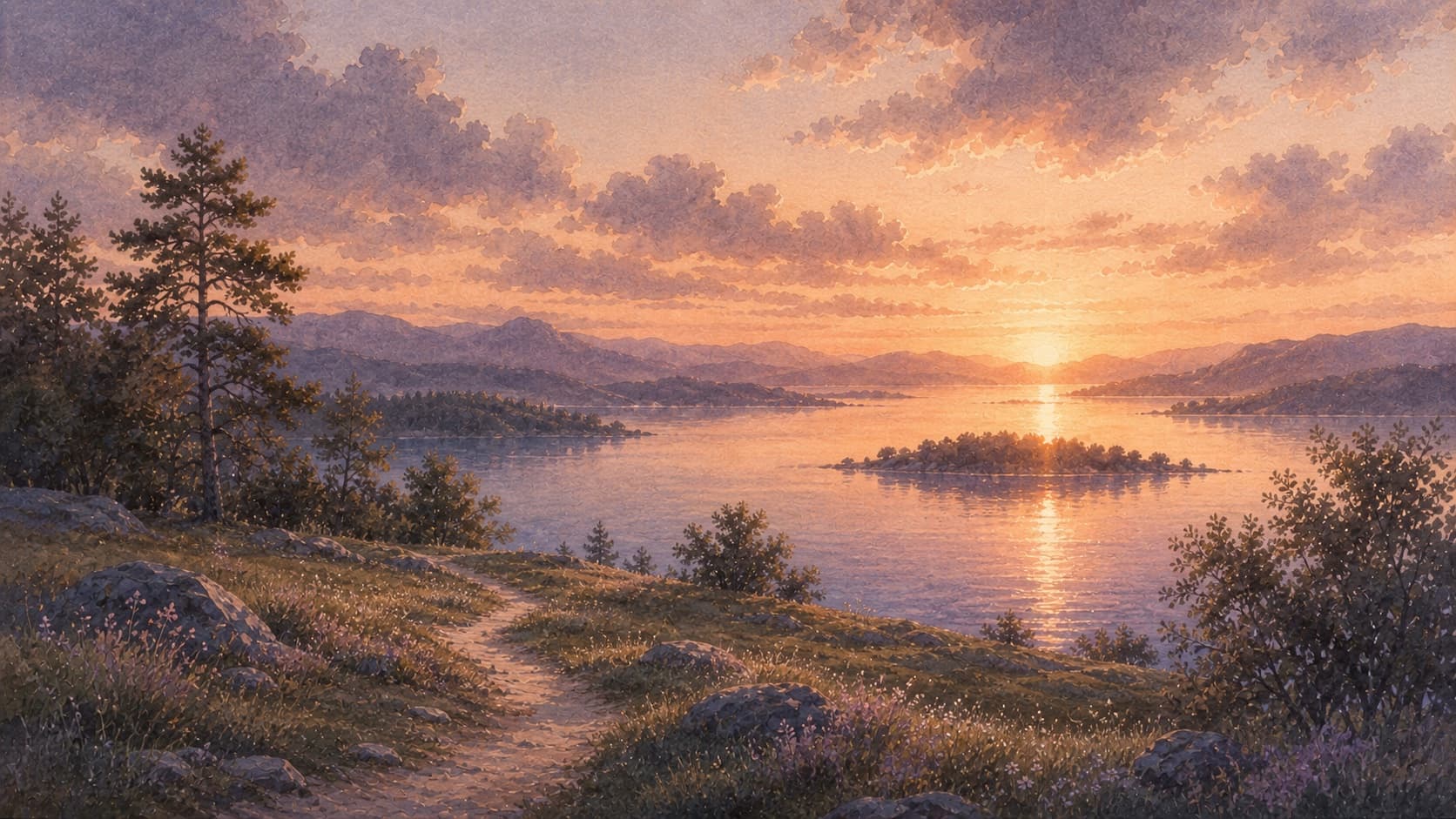 A quiet lakeside path at sunset with warm clouds and small islands on the water, painted in watercolor.