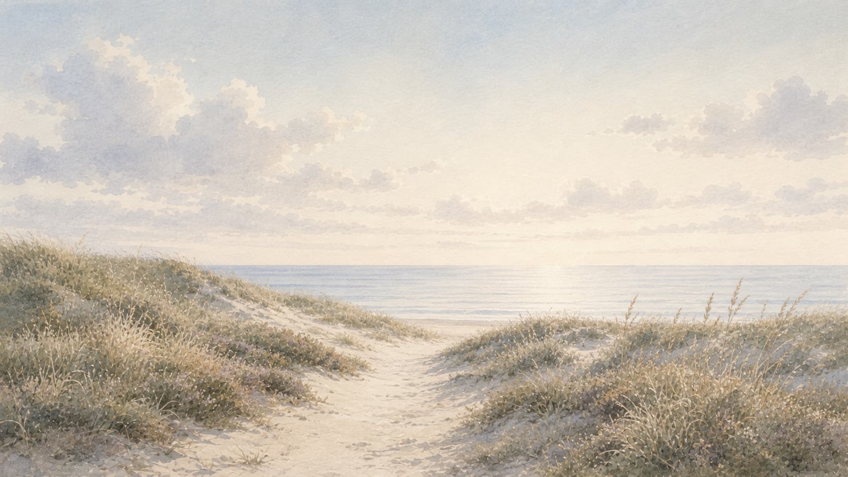 A pale coastal path through grass toward a bright sea horizon, painted in soft watercolor.