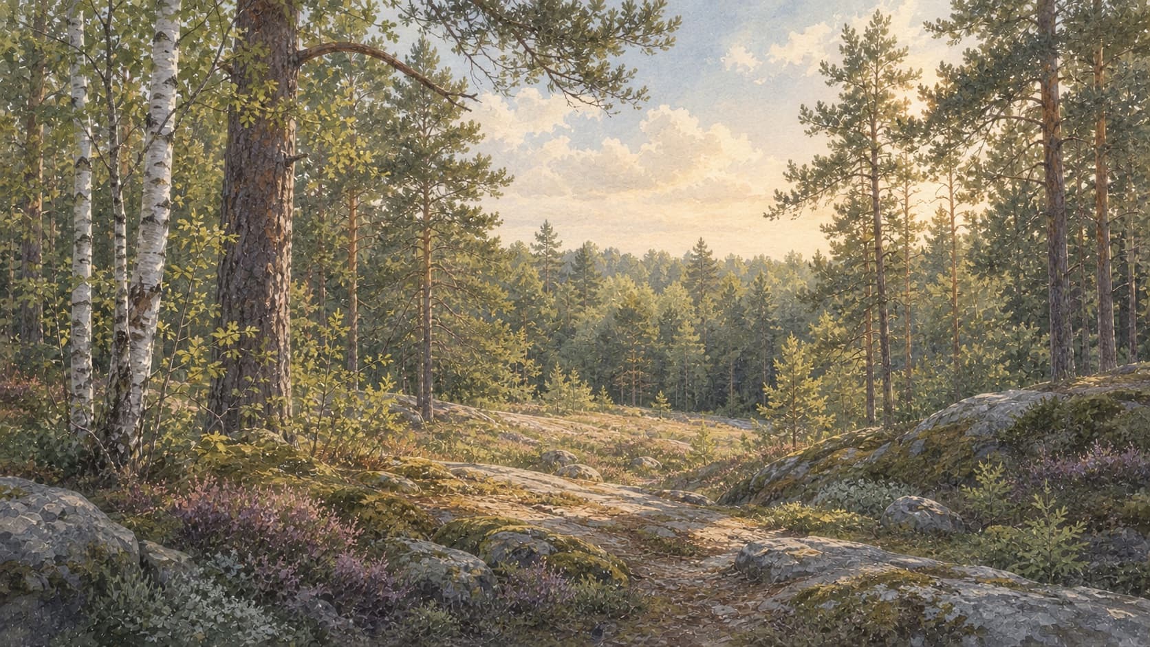 A Swedish forest path between birch and pine trees with warm light over mossy rocks, painted in watercolor.