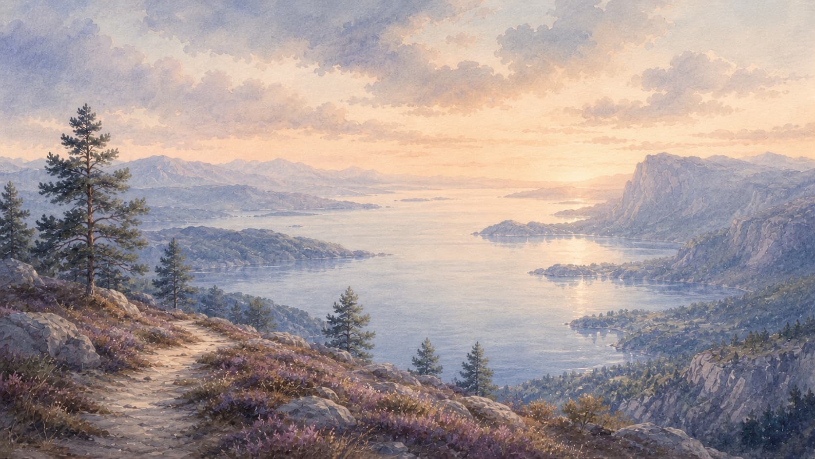 A pale fjord at dawn under layered clouds, painted in a soft editorial watercolor style.