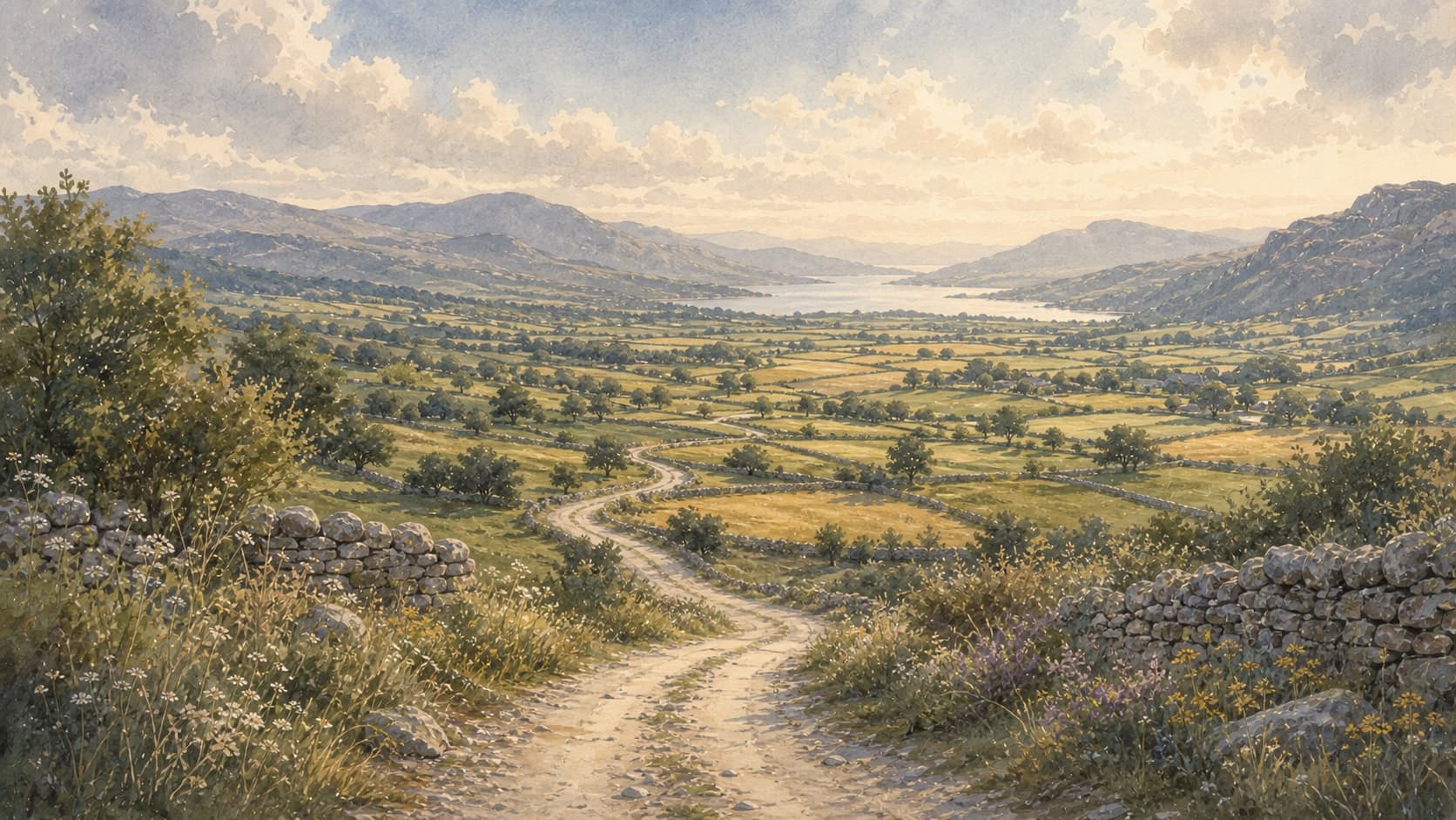 A winding path through a sunlit valley with small fields and distant water, painted in soft watercolor.